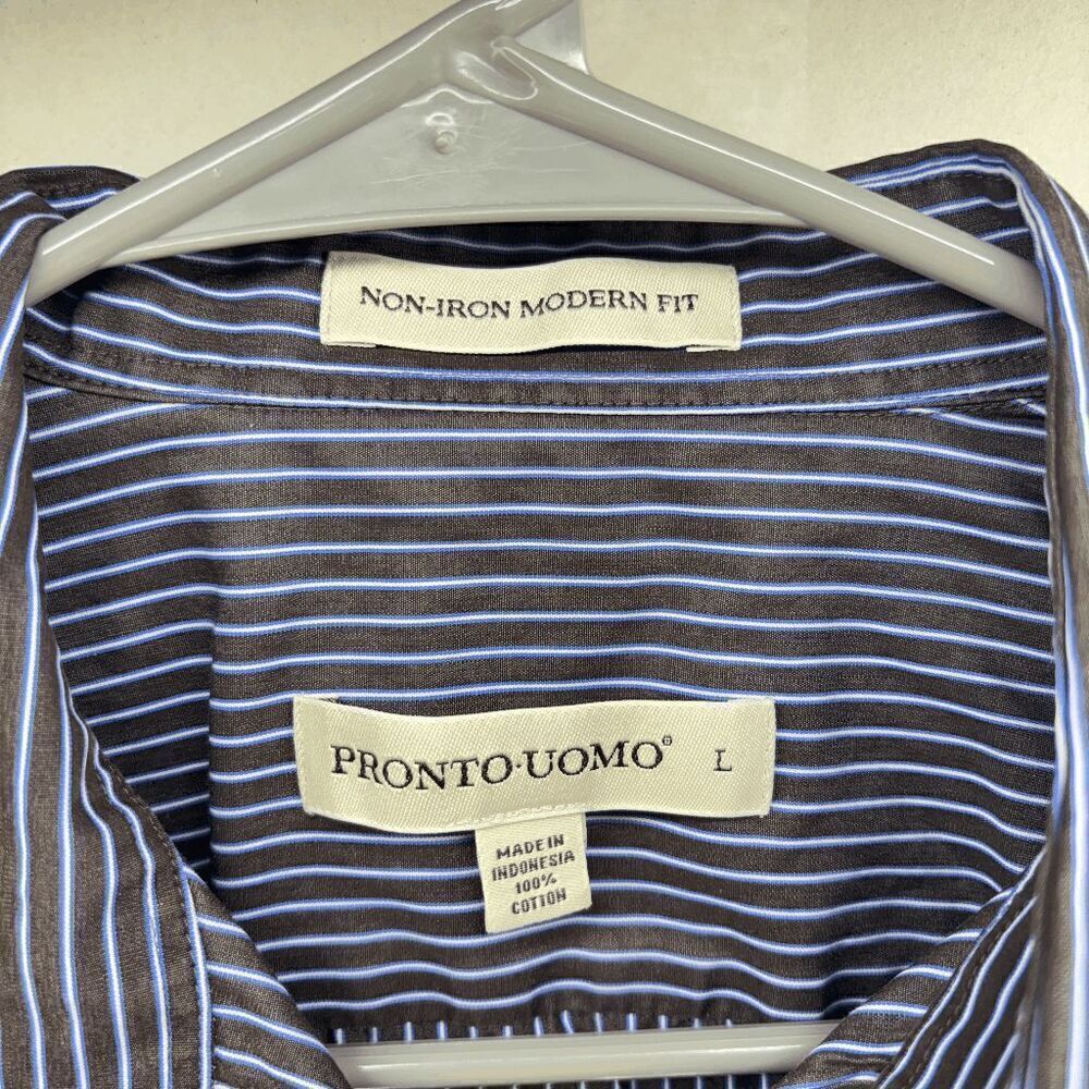 Pronto Uomo Shirt Mens Size Large Black w/Blue Stripes Velvet Button Up Collared - Picture 3 of 4
